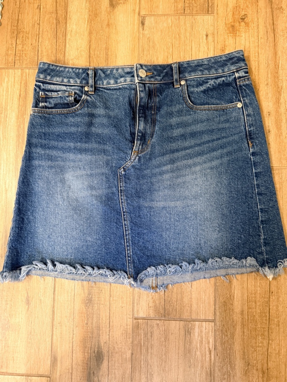 LOFT Medium Blue Denim Mini Skirt with Frayed Hem